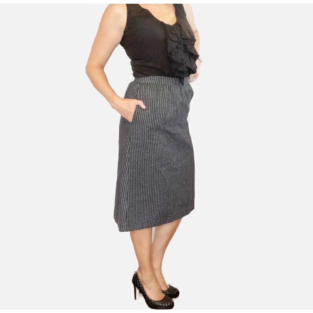 Vintage Sag Harbor Grey Houndstooth Plaid Wool Midi Pencil Skirt Women’s Size 0 - Picture 2 of 11
